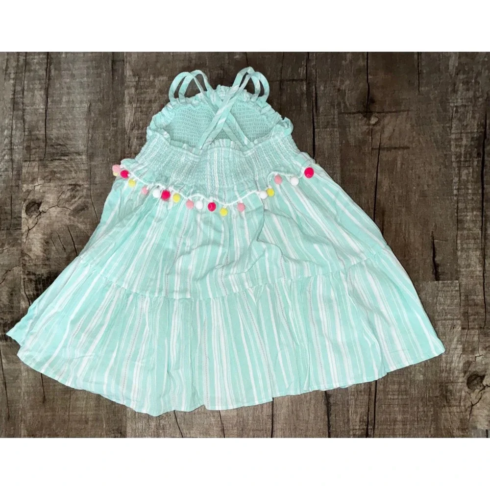Tahari Girls Mint Green Striped‎ Pom Pom Smocked Tiered Sun Dress 4T